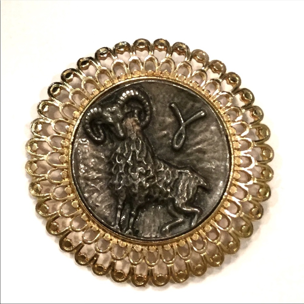 Aries Ram Circular Gold Tone Brooch